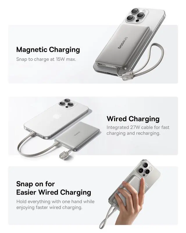 Alt view image 5 of 7 - Qi2 15W Magsafe Portable Charger, 0.5" Ultra Slim 10000mAh Wireless Power Bank with 27W Built-in USB-C Cable, Magnetic Battery Pack for iPhone 17 Pro Max/17 Pro/Air/16/15/14/13/12