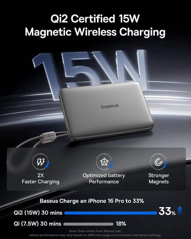 Alt view image 3 of 7 - Qi2 15W Magsafe Portable Charger, 0.5" Ultra Slim 10000mAh Wireless Power Bank with 27W Built-in USB-C Cable, Magnetic Battery Pack for iPhone 17 Pro Max/17 Pro/Air/16/15/14/13/12