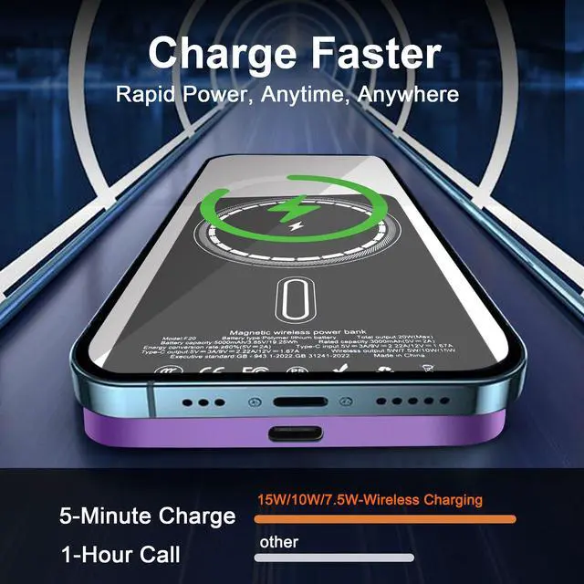 Alt view image 2 of 6 - Magnetic Portable Charger 5000mAh, 15W Ultra Slim Wireless Portable Charger, Fast Charging for iPhone 17/16/15/14/13/12 Pro/Pro Max/Plus, Metal Shell, USB-C Cable to Charge Other Phones (Purple)