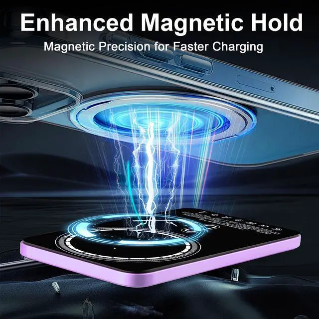 Alt view image 3 of 6 - Magnetic Portable Charger 5000mAh, 15W Ultra Slim Wireless Portable Charger, Fast Charging for iPhone 17/16/15/14/13/12 Pro/Pro Max/Plus, Metal Shell, USB-C Cable to Charge Other Phones (Purple)