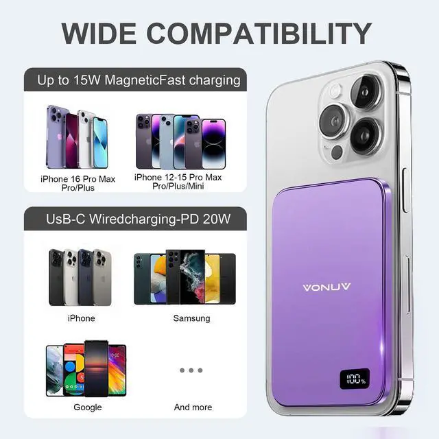 Alt view image 5 of 6 - Magnetic Portable Charger 5000mAh, 15W Ultra Slim Wireless Portable Charger, Fast Charging for iPhone 17/16/15/14/13/12 Pro/Pro Max/Plus, Metal Shell, USB-C Cable to Charge Other Phones (Purple)