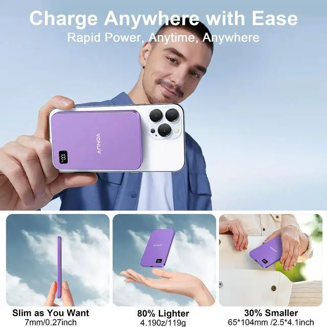 Alt view image 6 of 6 - Magnetic Portable Charger 5000mAh, 15W Ultra Slim Wireless Portable Charger, Fast Charging for iPhone 17/16/15/14/13/12 Pro/Pro Max/Plus, Metal Shell, USB-C Cable to Charge Other Phones (Purple)