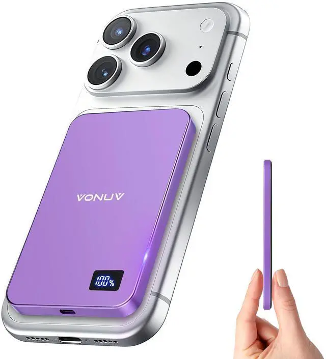Main image of Magnetic Portable Charger 5000mAh, 15W Ultra Slim Wireless Portable Charger, Fast Charging for iPhone 17/16/15/14/13/12 Pro/Pro Max/Plus, Metal Shell, USB-C Cable to Charge Other Phones (Purple)