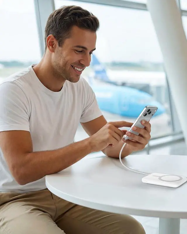 Alt view image 7 of 7 - for Magsafe Power Bank, 5000mAh Magnetic Portable Charger with Built-in USB-C Cable, Wireless Battery Pack with 20W PD Fast Charging for iPhone 17/16/15/14/13/12 All Series-White