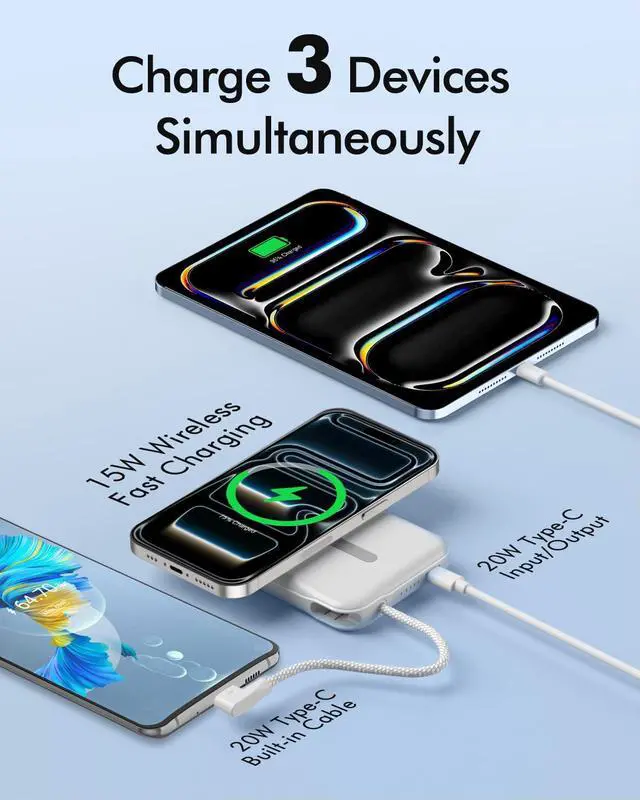 Alt view image 3 of 7 - for Magsafe Power Bank, 5000mAh Magnetic Portable Charger with Built-in USB-C Cable, Wireless Battery Pack with 20W PD Fast Charging for iPhone 17/16/15/14/13/12 All Series-White