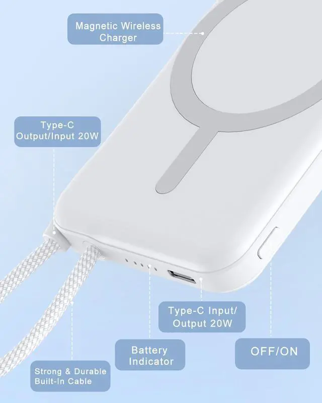 Alt view image 5 of 7 - for Magsafe Power Bank, 5000mAh Magnetic Portable Charger with Built-in USB-C Cable, Wireless Battery Pack with 20W PD Fast Charging for iPhone 17/16/15/14/13/12 All Series-White