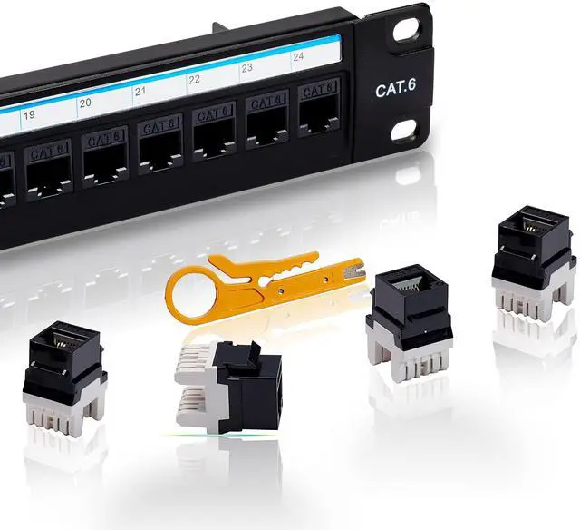 Main image of Cat6 Patch Panel 24 Port with Keystone, RJ45 Network Panel 19 Inch, Punch Down Keystone Ethernet Patch Panel with Back Bar