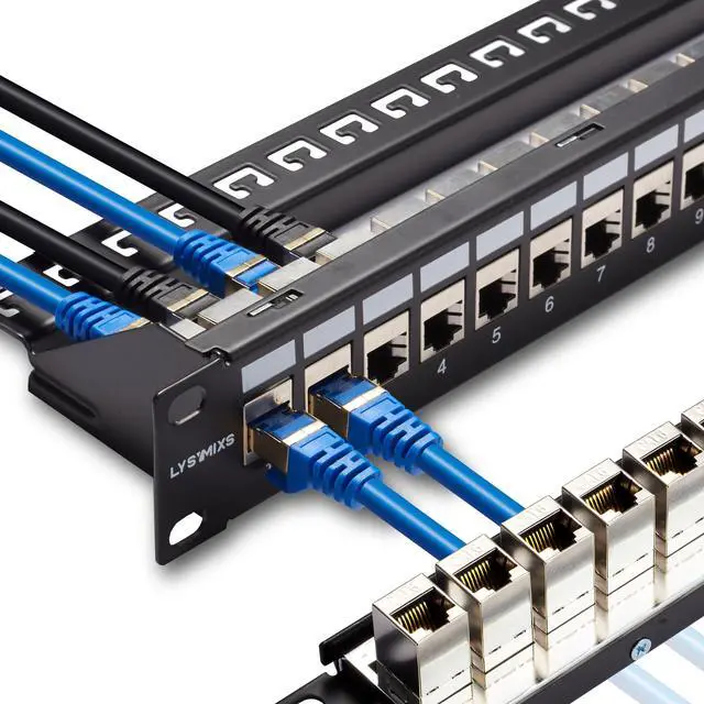 Main image of 24 Port RJ45 Patch Panel Cat6 STP Feed Through, Coupler Network Panel 19 Inch, Inline Keystone Ethernet Patch Panel with Back Bar