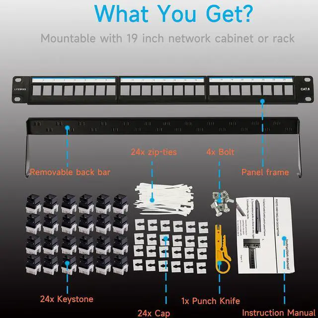 Alt view image 7 of 7 - Cat6 Patch Panel 24 Port with Keystone, RJ45 Network Panel 19 Inch, Punch Down Keystone Ethernet Patch Panel with Back Bar