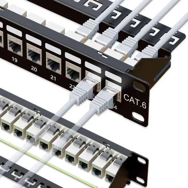 Main image of 10Gbps Patch Panel 24 Port, RJ45 Through Coupler Cat6 Patch Panel, STP Shielded Patch Panels 19-Inch 1U with Back Bar, Wallmount or Rackmount, Compatible with Cat5, Cat5e, Cat6 Cabling