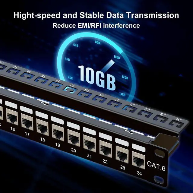 Alt view image 4 of 6 - 10Gbps Patch Panel 24 Port, RJ45 Through Coupler Cat6 Patch Panel, STP Shielded Patch Panels 19-Inch 1U with Back Bar, Wallmount or Rackmount, Compatible with Cat5, Cat5e, Cat6 Cabling