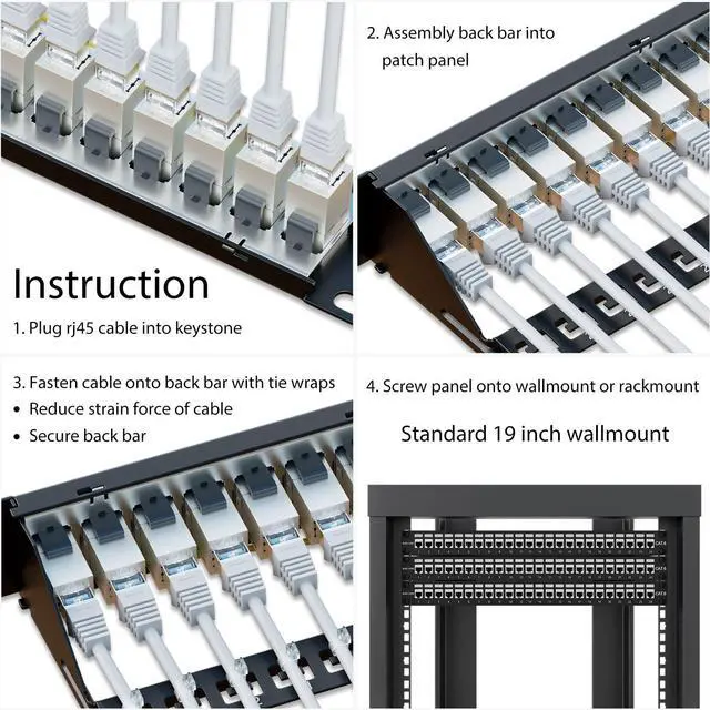 Alt view image 6 of 6 - 10Gbps Patch Panel 24 Port, RJ45 Through Coupler Cat6 Patch Panel, STP Shielded Patch Panels 19-Inch 1U with Back Bar, Wallmount or Rackmount, Compatible with Cat5, Cat5e, Cat6 Cabling