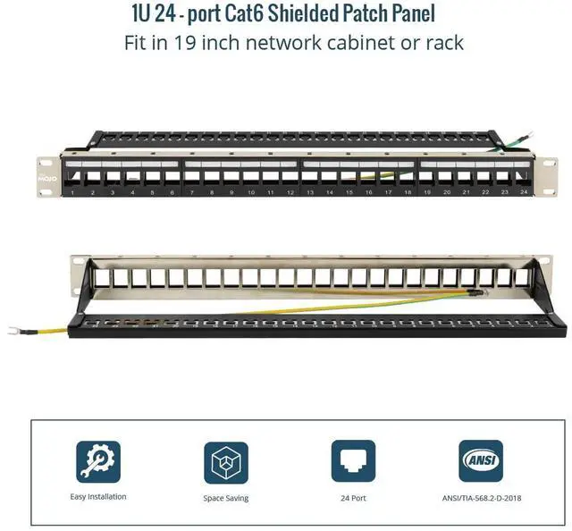 Alt view image 4 of 4 - UL Listed 1U 24-Port Blank Keystone Patch Panel, Shielded FTP, 19-Inch Rackmount with Grounding Cable, Rear Cable Management Bar