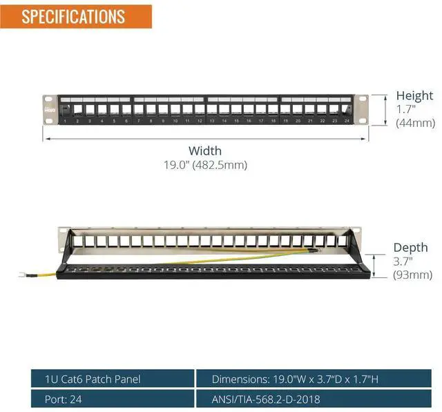 Alt view image 2 of 4 - UL Listed 1U 24-Port Blank Keystone Patch Panel, Shielded FTP, 19-Inch Rackmount with Grounding Cable, Rear Cable Management Bar