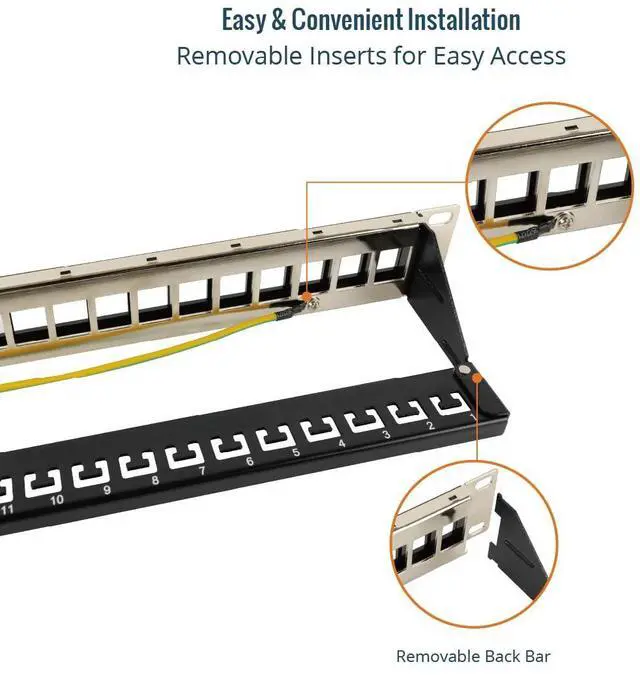 Alt view image 3 of 4 - UL Listed 1U 24-Port Blank Keystone Patch Panel, Shielded FTP, 19-Inch Rackmount with Grounding Cable, Rear Cable Management Bar