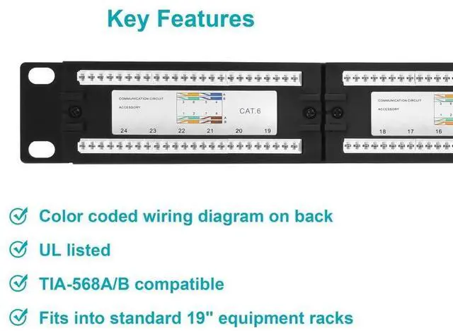 Alt view image 4 of 6 - 24-Port Cat6 Patch Panel, 110 Type (568A/B Compatible) 19-Inch For Rackmount, 1U, UL