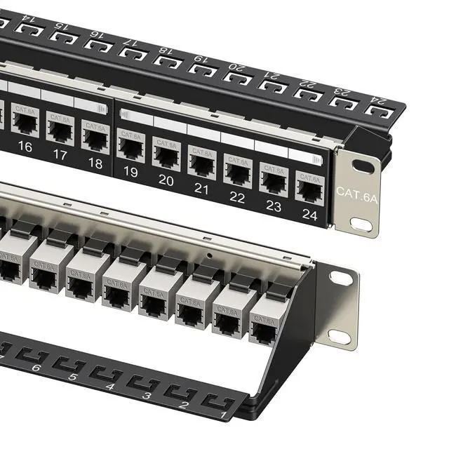 Main image of 1U 19-Inch 24-Port 10Gbps Cat6A Ethernet Patch Panel with Inline Keystone and Cable Management Bar, Rackmount or Wall Mount RJ45 Patch Panel