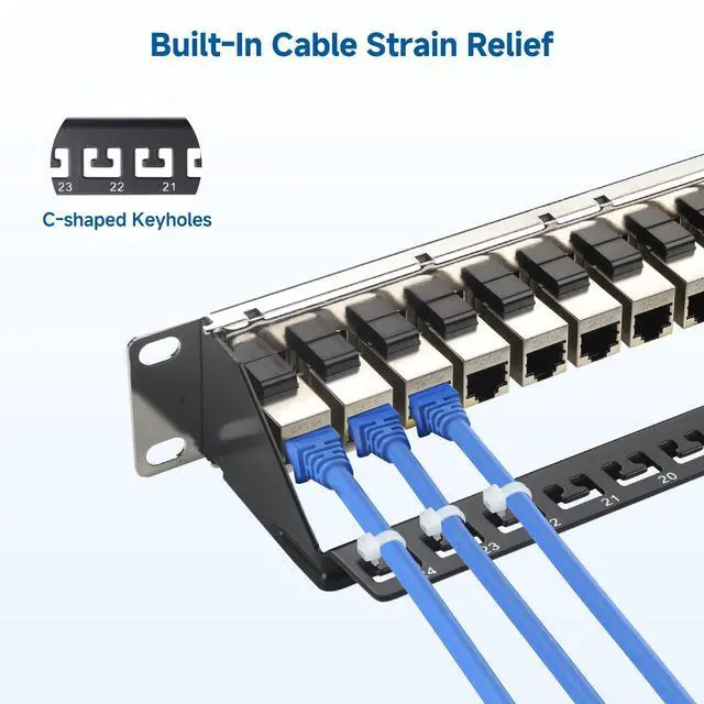 Alt view image 4 of 7 - 1U 19-Inch 24-Port 10Gbps Cat6A Ethernet Patch Panel with Inline Keystone and Cable Management Bar, Rackmount or Wall Mount RJ45 Patch Panel
