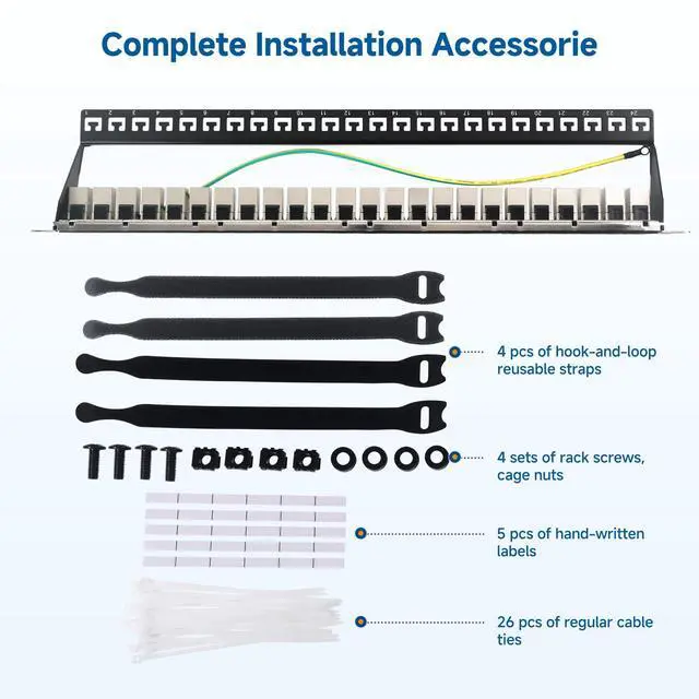 Alt view image 7 of 7 - 1U 19-Inch 24-Port 10Gbps Cat6A Ethernet Patch Panel with Inline Keystone and Cable Management Bar, Rackmount or Wall Mount RJ45 Patch Panel