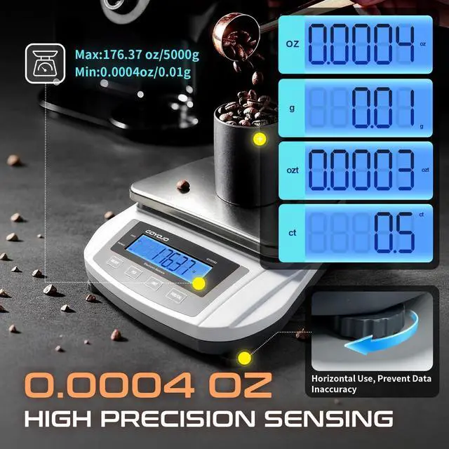 Alt view image 4 of 7 - Digital Analytical Balance and Lab Scale, 5000g Capacity, 0.01g Precision, Stainless Steel, Multi-Unit (g/oz/ct/lb) for Jewelry, Kitchen, and Lab Reliable, Accurate, Easy to Use, Black Panel
