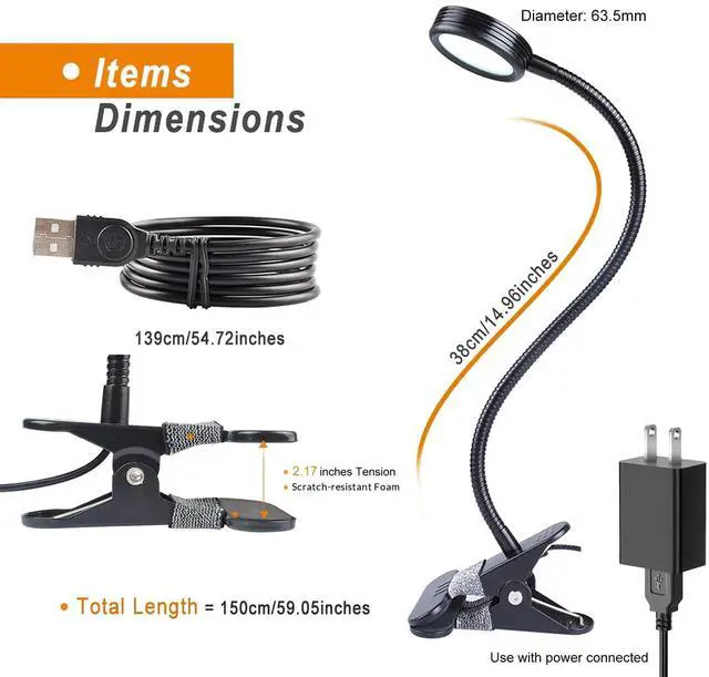 Alt view image 5 of 7 - Clip on Light/Reading Lights/Book Light/Desk Lamp Color Changeable/Night Lights Clip on for Desk, Bed Headboard and Computers, Adapter Included (Black) Metal