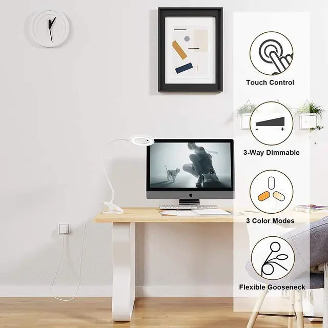 Alt view image 2 of 6 - Desk Lamp, Clip on Light Reading Light Ring Light LED with 3 Color Modes, 9 Brightness Dimmer, 60 pcs LEDs, Touch-Sensitive Control Pane, 360 ° Flexible Gooseneck Bed Light