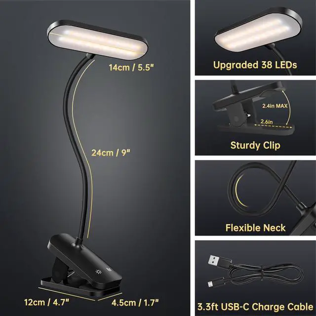 Alt view image 6 of 7 - Clip on Desk Lamp, Battery Powered Reading Light with Strong Clamp - 5 Colors 5 Brightness, USB Rechargeable Portable Cordless Book Lamp for Bed Headboard Table Bedside Home Office