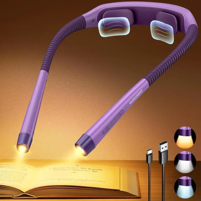 Main image of Ergonomic Reading Light, 1600mAh Rechargeable Book Light for 100 Hrs - 3 Colors & 5 Brightness, Neck Light with Timers, Sleep Aid & Travel Lock, Perfect for Reading, Knitting & Craft