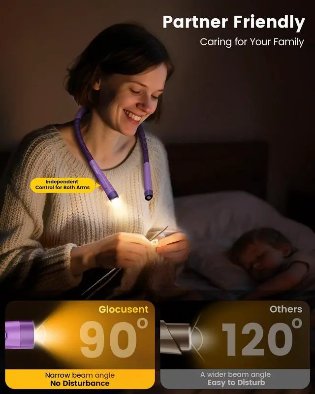 Alt view image 6 of 7 - Ergonomic Reading Light, 1600mAh Rechargeable Book Light for 100 Hrs - 3 Colors & 5 Brightness, Neck Light with Timers, Sleep Aid & Travel Lock, Perfect for Reading, Knitting & Craft