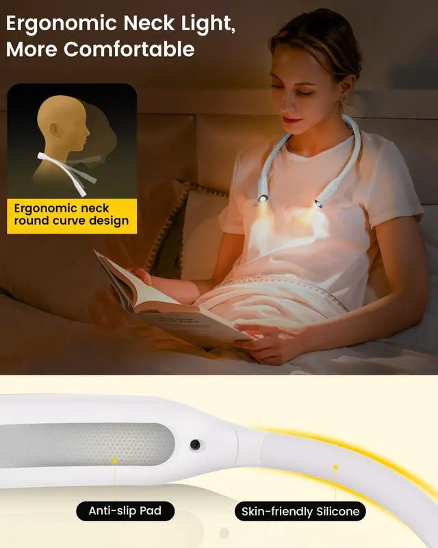 Alt view image 2 of 7 - Lightweight Neck Light for Reading in Bed, 1200mAh Rechargeable Book Light, Hands-Free Reading Light, 5 Colors, 5 Brightness Adjustable, Private Bedtime Reading for Book Lover