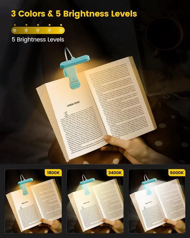 Alt view image 3 of 6 - Horizontal ET-Head Book Light for Reading in Bed, Eye Caring, 3 Colors & 5 Brightness, Rechargeable Long Lasting Reading Light, 1.8Oz Lightweight & Portable, Perfect for Book Lovers