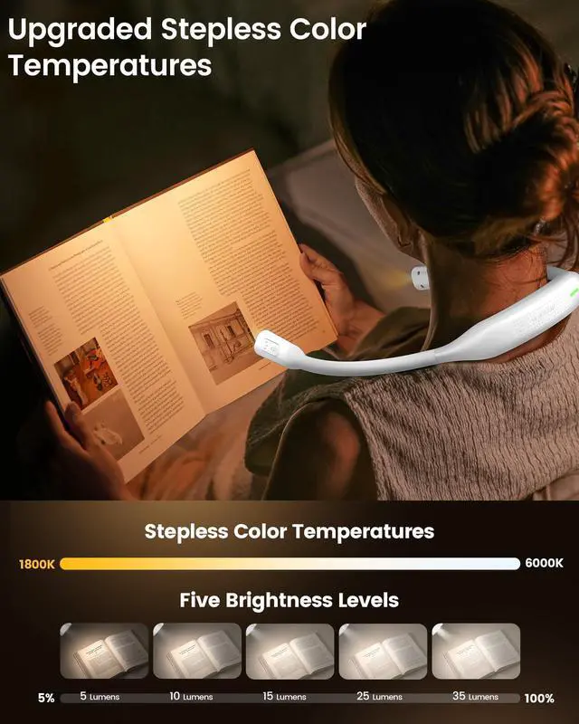 Alt view image 5 of 7 - Lightweight Neck Light for Reading in Bed, 1200mAh Rechargeable Book Light, Hands-Free Reading Light, 5 Colors, 5 Brightness Adjustable, Private Bedtime Reading for Book Lover