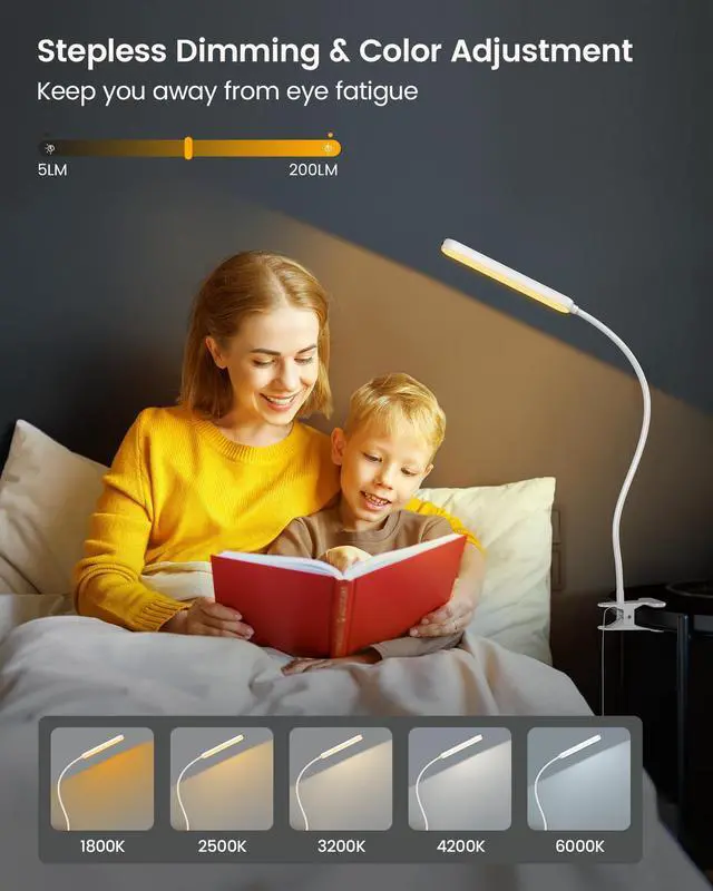 Alt view image 4 of 6 - 38 LED Clip On Light: 5W Eye Caring Book Lights for Reading at Night - 5 Color & 5 Brightness with a Remote, 30-Min Auto Off Timer, Multi-Purpose Clip Lamp for Bed Reading/Studying/Working