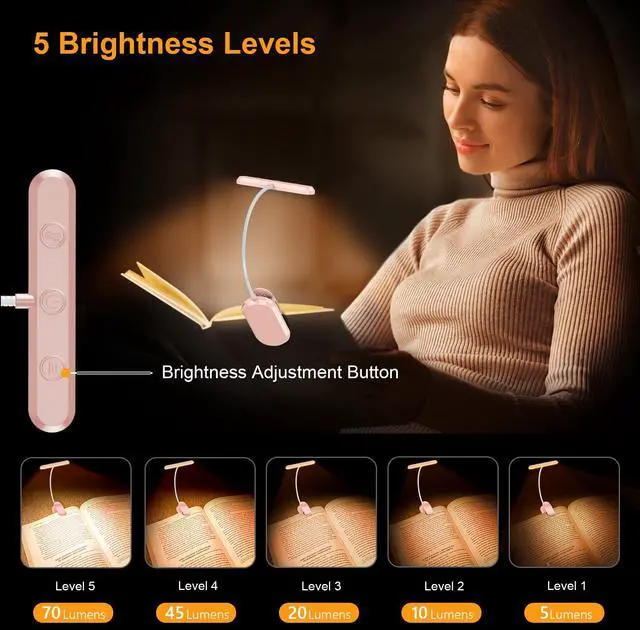 Alt view image 2 of 7 - Rechargeable Book Light for Reading in Bed with 19 LED &Memory Function-Eye Caring 3 Color Temperatures,5 Brightness Levels,90 Hrs Runtime Flexible Goose Neck Clip on Light-Pink