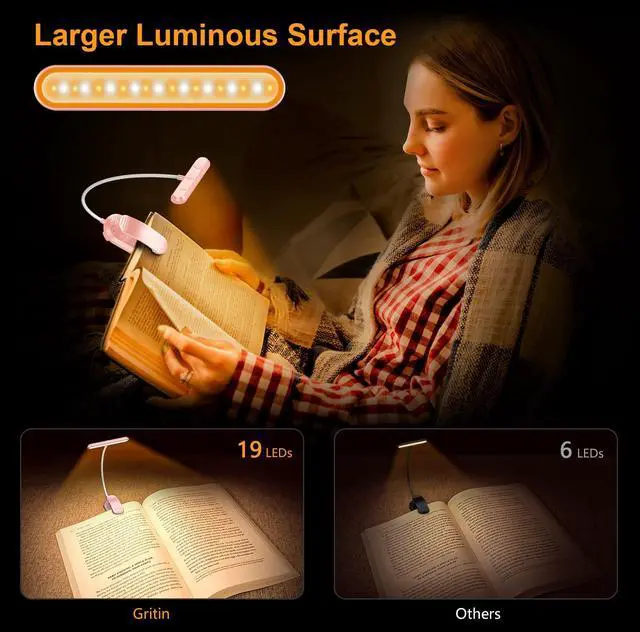 Alt view image 4 of 7 - Rechargeable Book Light for Reading in Bed with 19 LED &Memory Function-Eye Caring 3 Color Temperatures,5 Brightness Levels,90 Hrs Runtime Flexible Goose Neck Clip on Light-Pink