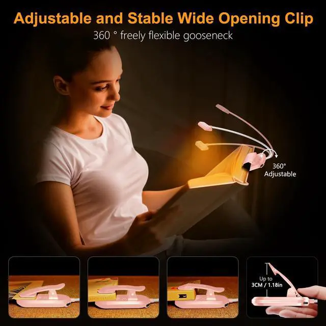 Alt view image 5 of 7 - Rechargeable Book Light for Reading in Bed with 19 LED &Memory Function-Eye Caring 3 Color Temperatures,5 Brightness Levels,90 Hrs Runtime Flexible Goose Neck Clip on Light-Pink