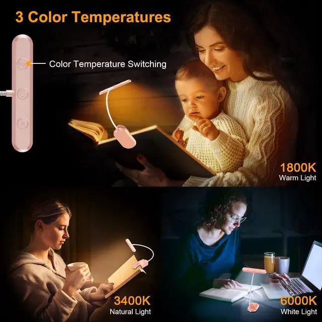 Alt view image 3 of 7 - Rechargeable Book Light for Reading in Bed with 19 LED &Memory Function-Eye Caring 3 Color Temperatures,5 Brightness Levels,90 Hrs Runtime Flexible Goose Neck Clip on Light-Pink
