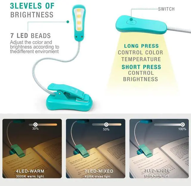 Alt view image 2 of 6 - Rechargeable Book Light for Reading in Bed, 3 Color x 3 Brightness, Lightweight Reading Light, Up to 70 Hours Lighting, Great for Readers, Travel (Blue)