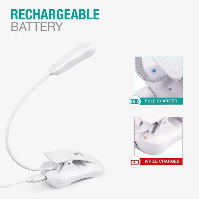 Alt view image 4 of 6 - 3000K Warm LED Rechargeable Book Light, Easy for Eyes, Clip on Reading Lights for Reading in Bed, Car & Travel, Lightweight Slim 2.1 oz. Perfect for Readers (Elegant White)
