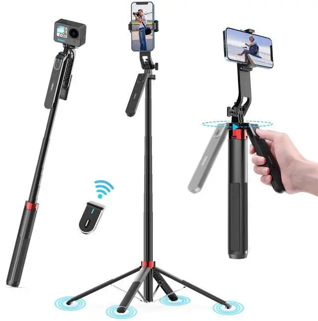 Main image of MA09 71'' Phone Tripod, Selfie Stick Cell Phone Tripod Stand with Wireless Remote Control 360° for Rotation Travel Selfie Video Recording Live Compatible with iPhone Android Camera Action GoPro