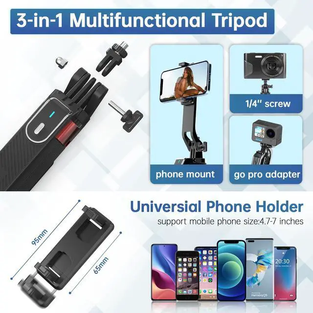 Alt view image 2 of 7 - MA09 71'' Phone Tripod, Selfie Stick Cell Phone Tripod Stand with Wireless Remote Control 360° for Rotation Travel Selfie Video Recording Live Compatible with iPhone Android Camera Action GoPro