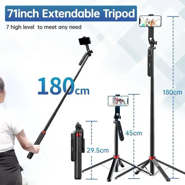 Alt view image 3 of 7 - MA09 71'' Phone Tripod, Selfie Stick Cell Phone Tripod Stand with Wireless Remote Control 360° for Rotation Travel Selfie Video Recording Live Compatible with iPhone Android Camera Action GoPro
