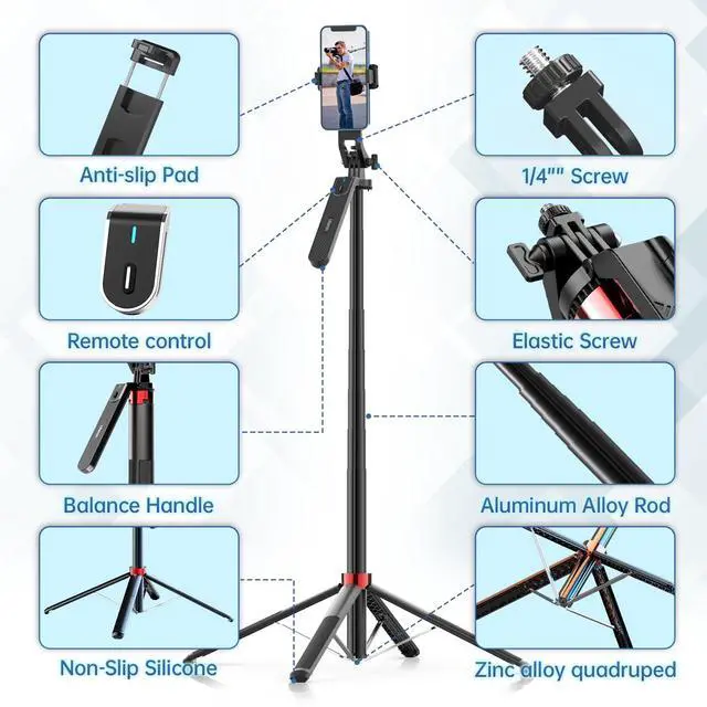 Alt view image 6 of 7 - MA09 71'' Phone Tripod, Selfie Stick Cell Phone Tripod Stand with Wireless Remote Control 360° for Rotation Travel Selfie Video Recording Live Compatible with iPhone Android Camera Action GoPro