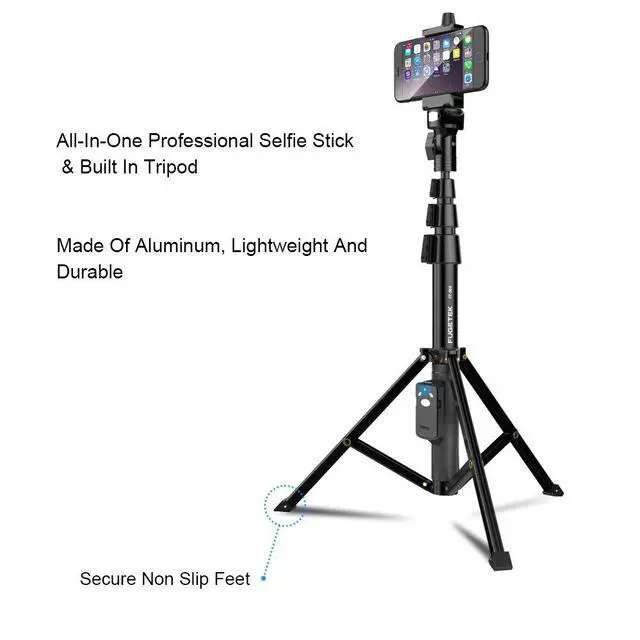 Alt view image 4 of 6 - 51" Professional Selfie Stick Tripod, 100% All Aluminum Stick & Legs, Lightweight, Detachable Bluetooth Remote, Portable All in One, Compatible with iPhone & Android, Non Skid Feet, Black