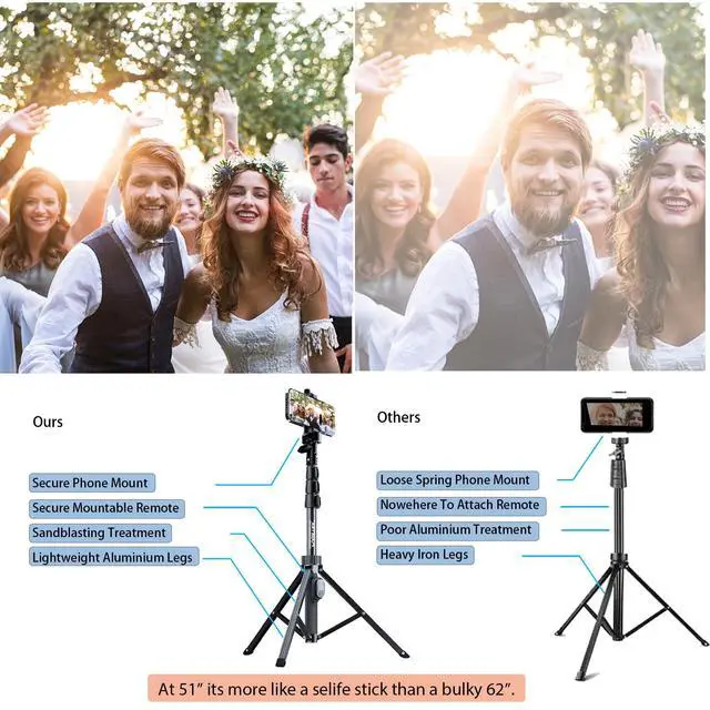Alt view image 2 of 6 - 51" Professional Selfie Stick Tripod, 100% All Aluminum Stick & Legs, Lightweight, Detachable Bluetooth Remote, Portable All in One, Compatible with iPhone & Android, Non Skid Feet, Black