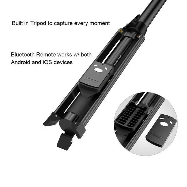 Alt view image 6 of 6 - 51" Professional Selfie Stick Tripod, 100% All Aluminum Stick & Legs, Lightweight, Detachable Bluetooth Remote, Portable All in One, Compatible with iPhone & Android, Non Skid Feet, Black
