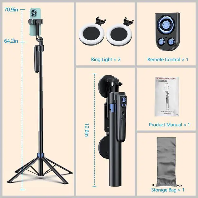 Alt view image 3 of 7 - Smart Face Tracking Tripod Selfie Stick with LED Light, 360° Rotating 70" Phone Camera Stand with Bluetooth Remote, Perfect for Video Recording, Live Broadcast, and Social Media Content