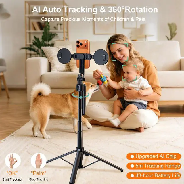 Alt view image 2 of 7 - Tripod for iPhone with Light Vlogging Camera, Auto Face Tracking Tripod 360 Rotation with Remote, No App, Portable Travel Phone Holder for Video Recording Live Streaming, Content Creator Essentials