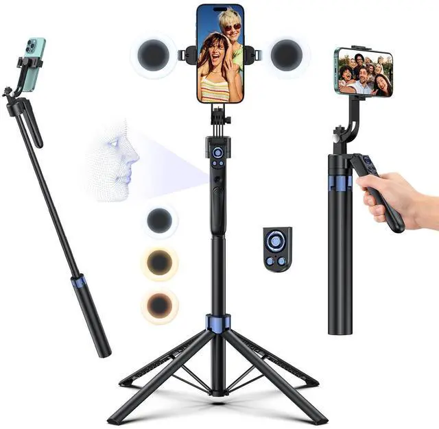 Main image of Smart Face Tracking Tripod Selfie Stick with LED Light, 360° Rotating 70" Phone Camera Stand with Bluetooth Remote, Perfect for Video Recording, Live Broadcast, and Social Media Content