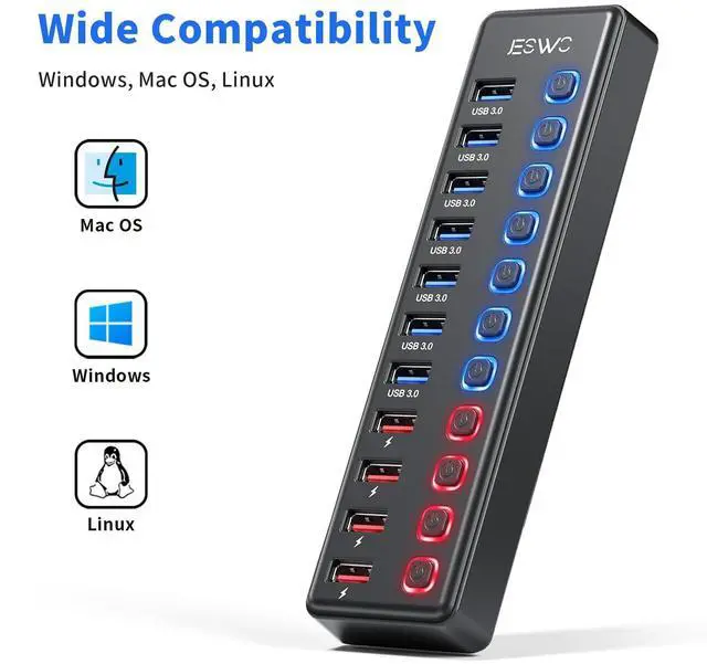 Alt view image 4 of 6 - Powered USB Hub, 11-Port USB 3.0 Hub (7 Data Transfer Ports + 4 Smart Charging Ports) with Individual LED On/Off Switches, USB Hub Powered with 12V/3A Power Adapter for Mac, PC